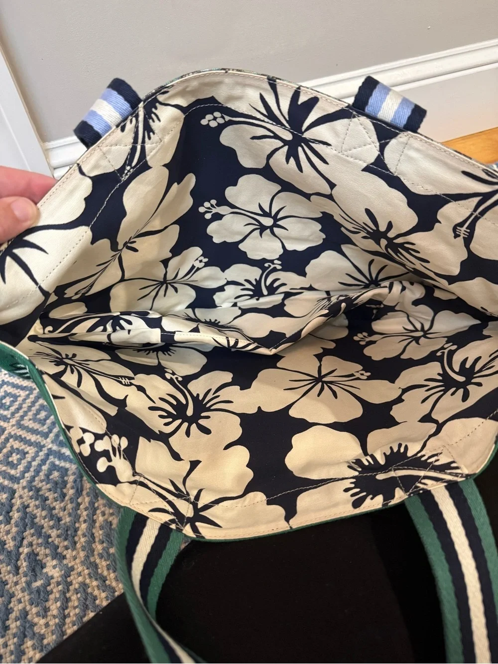 Tory Burch Green Bandana-Print Canvas Tote with Tan Leather Logo Patch